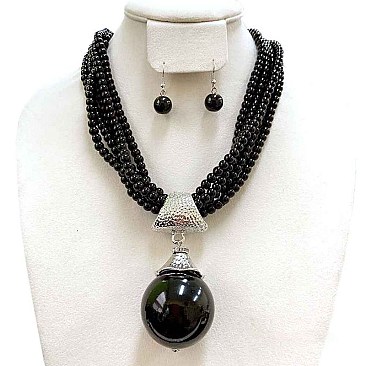 LRG PEARL PENDANT ON LINED PEARLS FASHION NECKLACE SET