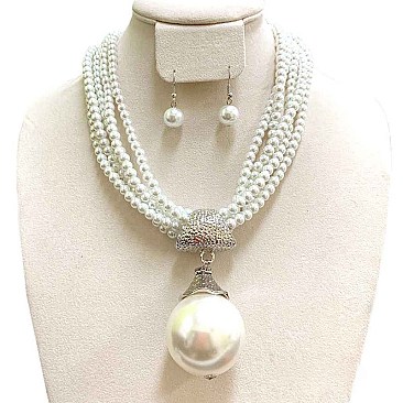 LRG PEARL PENDANT ON LINED PEARLS FASHION NECKLACE SET