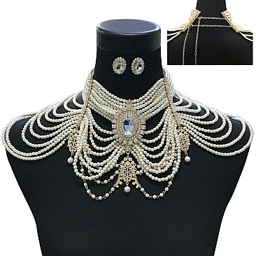 LINED PEARLS AND STONES FULL-COLLAR NECKLACE SET