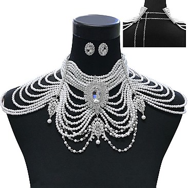 LINED PEARLS AND STONES FULL-COLLAR NECKLACE SET