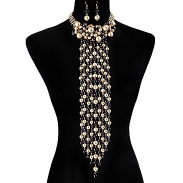 CAPTIVATING PEARL FRINGE BIB CHOKER NECKLACE AND EARRINGS SET