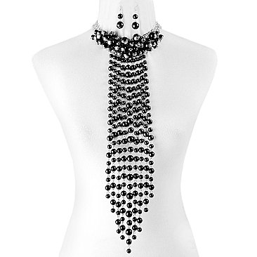 CAPTIVATING PEARL FRINGE BIB CHOKER NECKLACE AND EARRINGS SET