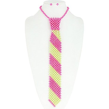 2 TONE PEARL TIE NECKLACE SET