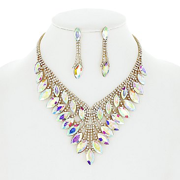 COLORED CRYSTAL LEAF STATEMENT NECKLACE SET