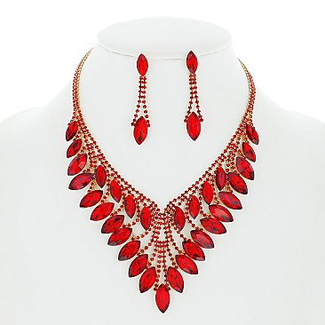 COLORED CRYSTAL LEAF STATEMENT NECKLACE SET