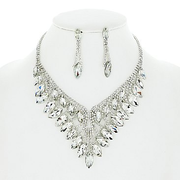 COLORED CRYSTAL LEAF STATEMENT NECKLACE SET