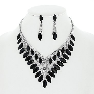 COLORED CRYSTAL LEAF STATEMENT NECKLACE SET