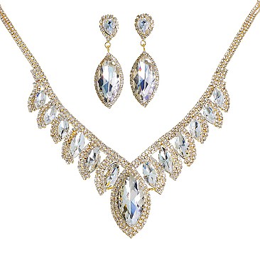 COLORED CRYSTAL LEAF STATEMENT NECKLACE SET