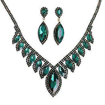 COLORED CRYSTAL LEAF STATEMENT NECKLACE SET