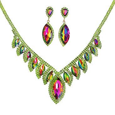 COLORED CRYSTAL LEAF STATEMENT NECKLACE SET