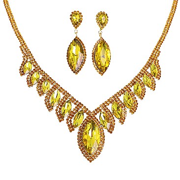 COLORED CRYSTAL LEAF STATEMENT NECKLACE SET