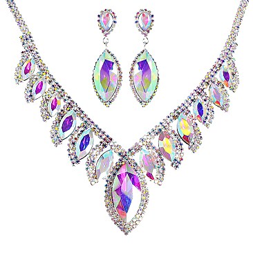 COLORED CRYSTAL LEAF STATEMENT NECKLACE SET