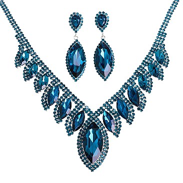 COLORED CRYSTAL LEAF STATEMENT NECKLACE SET