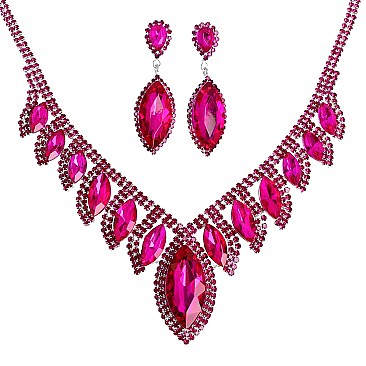 COLORED CRYSTAL LEAF STATEMENT NECKLACE SET