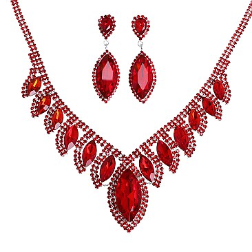 COLORED CRYSTAL LEAF STATEMENT NECKLACE SET