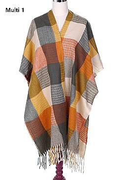 STYLISH PLAID FRINGE PONCHO