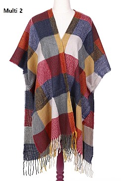 STYLISH PLAID FRINGE PONCHO