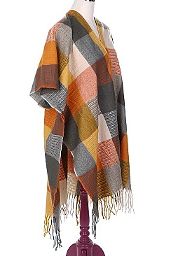 STYLISH PLAID FRINGE PONCHO