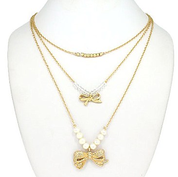 RIBBON W/STONE LAYER PEARL NECKLACE