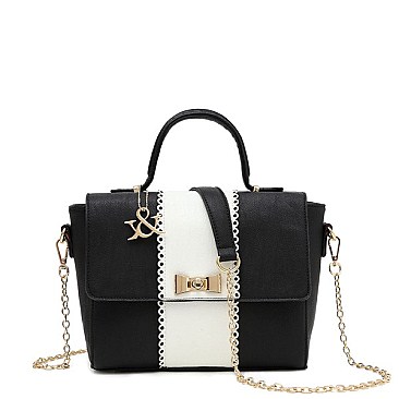 Small Size Flap Top Two Tone Accented Satchel