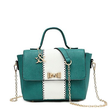 Small Size Flap Top Two Tone Accented Satchel