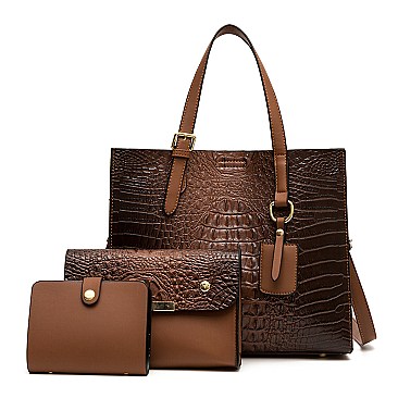 3 IN 1 Crocodile Tote & Clutch Set With Wallet