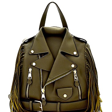 Moto Jacket Design Fringed Backpack / Shoulder Bag