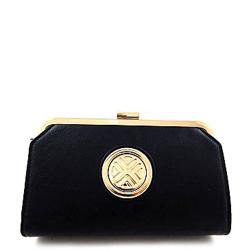 Emblem Accented Metal Framed Clutch Cross Body