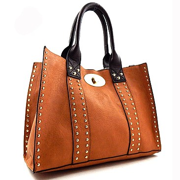 Turn-Lock Studded Leather Like Bag In Bag Tote