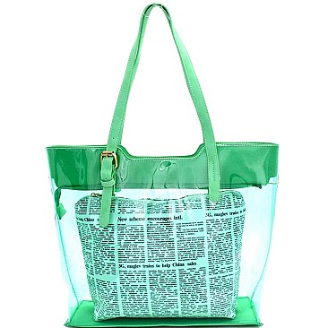 OP0012-LP Newspaper Print Inner Bag 2 in 1 Tinted Clear Tote