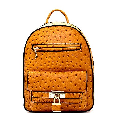 OST6353-LP Ostrich Print Embossed Padlock Accent Backpack