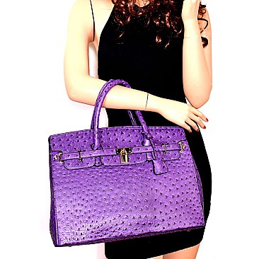 OST6355-LP Ostrich Print Embossed Padlock Oversized Structured Tote