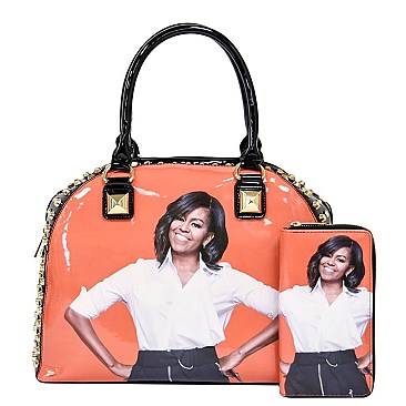 Obama Magazine Print Dome Stoned Satchel with Wallet 2 in 1 Set LU-PA0037