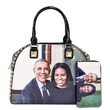 Obama Magazine Print Dome Stoned Satchel with Wallet 2 in 1 Set LU-PA0037
