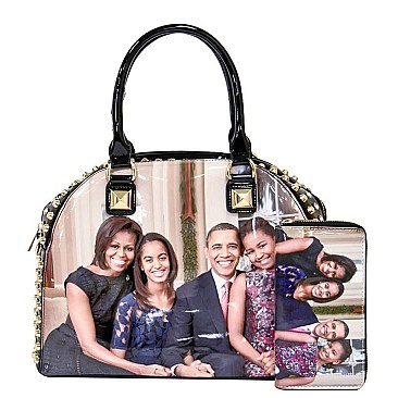 Obama Magazine Print Dome Stoned Satchel with Wallet 2 in 1 Set LU-PA0037