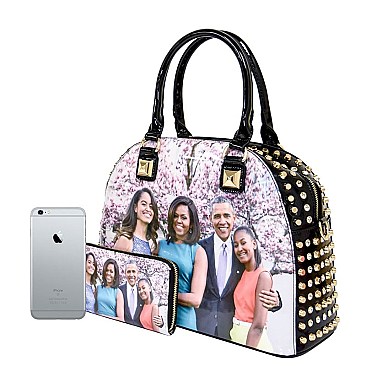 Obama Magazine Print Dome Stoned Satchel with Wallet 2 in 1 Set LU-PA0037