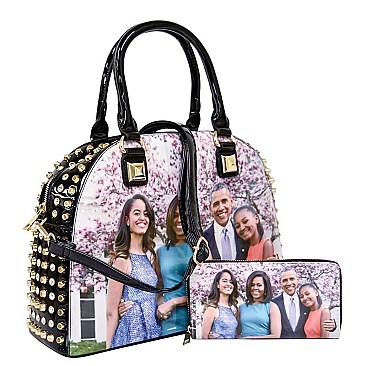 Obama Magazine Print Dome Stoned Satchel with Wallet 2 in 1 Set LU-PA0037