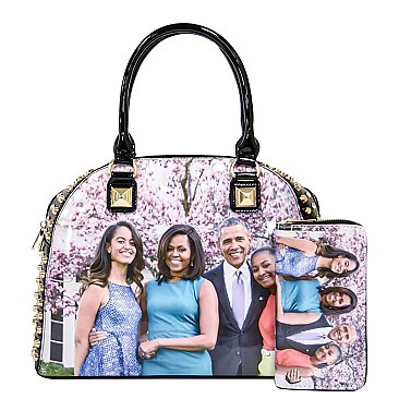 Obama Magazine Print Dome Stoned Satchel with Wallet 2 in 1 Set LU-PA0037
