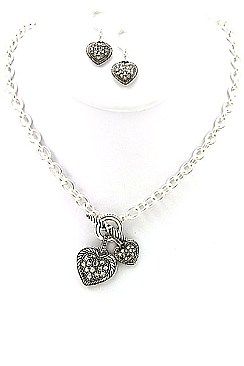 Antique Silver Tone Heart Design Rhinestone Necklace Set