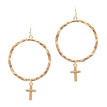 PE1931-LP  Cross Charm Hammered Metal Open Cut Earring