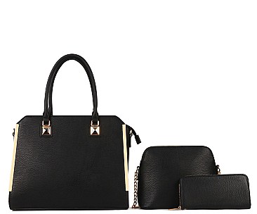 Classy 3 in 1 Hardware Metal Accent Satchel Wallet Set