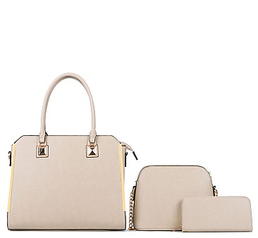 Classy 3 in 1 Hardware Metal Accent Satchel Wallet Set