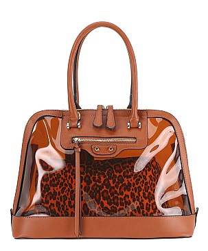 2 IN 1 SEE THROUGH DOME SATCHEL WITH LEOPARD POUCH