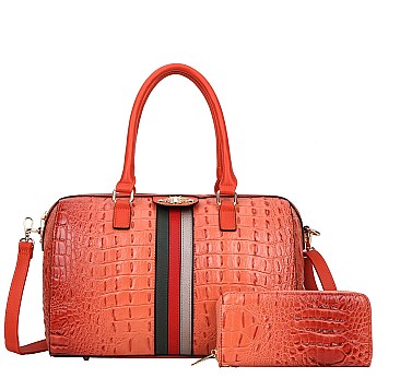 Queen Bee Stripe Croc Alligator 2-in-1 Boston Satchel with Wallet