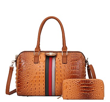 Queen Bee Stripe Croc Alligator 2-in-1 Boston Satchel with Wallet