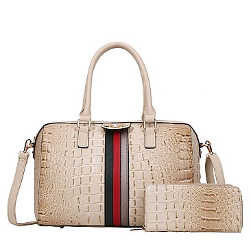 Queen Bee Stripe Croc Alligator 2-in-1 Boston Satchel with Wallet