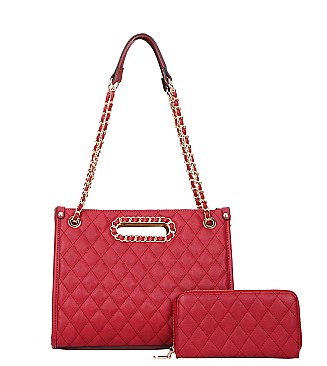 Quilted Chain Accente Satchel Shoulder Bag SET