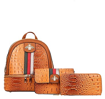 Pearl Bee Accent Striped 3 in 1 Alligator Backpack Set