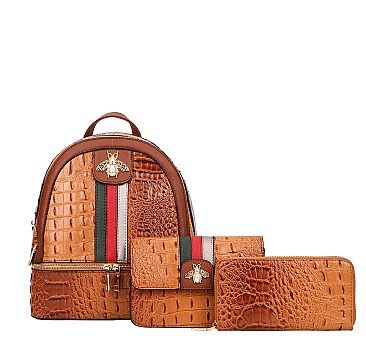 Pearl Bee Accent Striped 3 in 1 Alligator Backpack Set