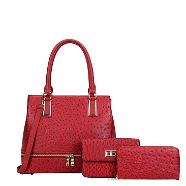 3 IN 1 Ostrich Satchel - Cross-Body Set With Wallet